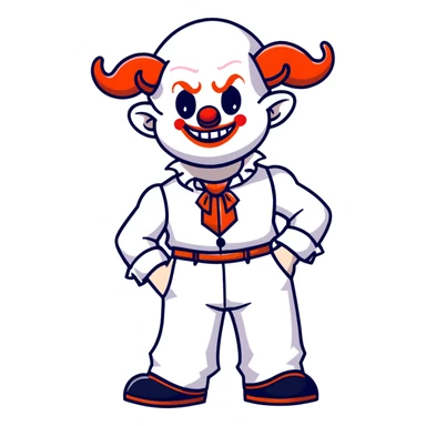 full-body demonic clown in a white leisure suit with bellbottom pants, bald, with black ram horns, flashy belt, ruffled shirt, no neck tie, cartoon sticker style sticker