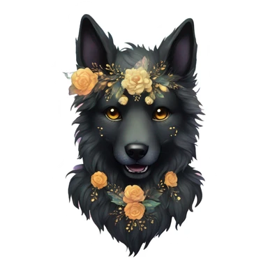 Black iridescent fluffy dog fox head zombie skull skeleton gold mechanical nebula galaxy stars colorful flowers fairy lights vintage sticker