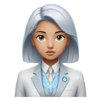 Artemis, A sleek female avatar with a focused, forensic gaze, wearing a minimalist white and silver tailored suit accented with moonlight blue. She is analyzing a transparent holographic interface displaying complex global sovereign credit data. sticker