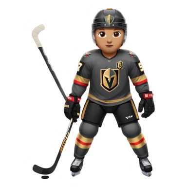 A hockey player in a Vegas Golden Knights black & gold jersey, red accent glow, centered stance, stick on the ice, confident posture. Background subtle red aura with a knight-helmet inspired motif. Clean, bold, emoji-style. sticker