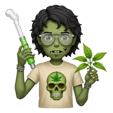 black wavy haired zombie getting stoned with weed t shirt and bong on his hand and wearing chrome hearts glasses sticker