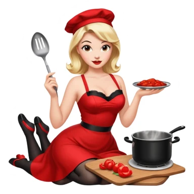 pinup girl in dress and stocking while cooking sticker