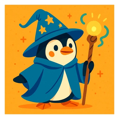 a penguin dressed as a wizard, with a pointy hat and a magic staff, fun whimsical style sticker