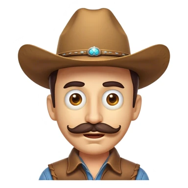 Clash of Clans aesthetic Comical Cowboy Portrait Emoji, Head tilted dramatically with an exaggerated, fun expression and wide, comically expressive eyes, featuring a rugged yet cartoonish build with a playful cowboy hat and quirky mustache, his natural skin tone evident, Simplified yet hilariously expressive features, highly detailed, glowing with a slightly sassy western glow, high shine, dramatic yet playful, stylized with an air of cheeky frontier mischief, soft glowing outline, capturing the essence of a meme-worthy cowboy bringing humor to epic quests! sticker