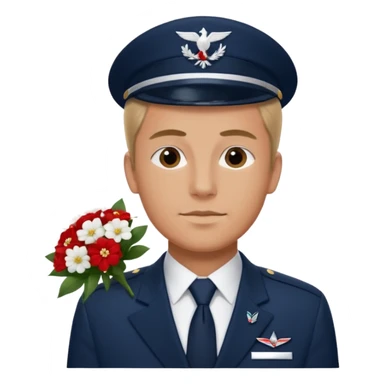 Homme avec bouquet fleurs blanches, avec uniforme bleu foncé cravate rouge comme Air France, arabe raie sur le côté sans chapeau juste insigne sans bouton manchette et un peu bronzée  sticker