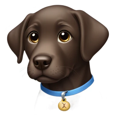 Chocolate labrador cute puppy with small white patch of fur on chest and blue small collar sticker