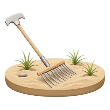 Minimalist emoji of a Japanese zen garden rake with four teeth, elegant thin lines, light wood tone, sand-beige palette, flat vector style, calm and balanced aesthetic, zen-inspired, transparent background, premium minimal design sticker