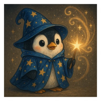 a cute penguin wizard with a starry robe and a glowing wand, casting a spell sticker