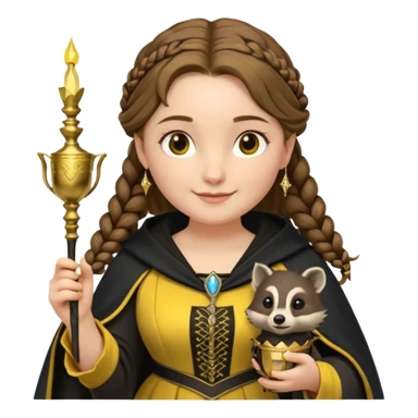 Helga Hufflepuff,the Hogwarts founder of Hufflepuff,brown-haired,2braids,yellow-black medieval dress with black cloak decorated with gold braiding,flickering magic wand and tiny two-handled shiny gold cup engraved with the badger silhouette,very kind smile,curvy busty sweet sticker