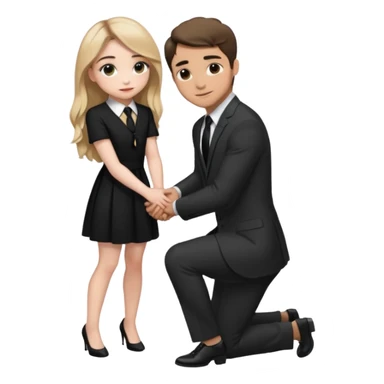  Sabrina carpenter kneeling down wearing a black dress with a tie, putting her hand on man’s leg who is standing  sticker