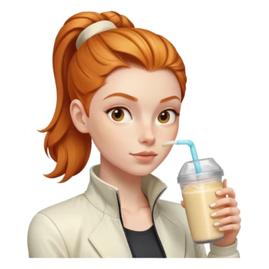 Ginger girl with cream jacket drinking pre workout shake middle part slick back bun sticker
