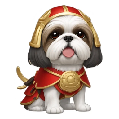shih tzu wearing red samurai helmet with gold beetle horns sticker