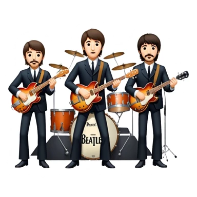 Rock music icon: The Beatles performing live on stage. John Lennon with guitar, Paul McCartney with bass, George Harrison with guitar, Ringo Starr on drums. Bright lights, energetic performance. Transparent background. sticker