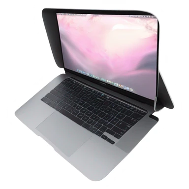 A sleek and modern MacBook Air laptop in a soft pastel pink color, placed on a white background. The Apple logo on the back of the screen is black, contrasting elegantly with the pink finish. The laptop is slightly open, showing a glimpse of the black keyboard and silver edges. The design is minimalist and stylish, reflecting a premium aesthetic. sticker