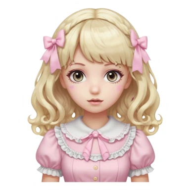 pale girl , who has curly medium length blonde and baby pink swirled hair with bangs , grey eyes , and doll like makeup , in a light pink lolita hime gyaru dress  sticker