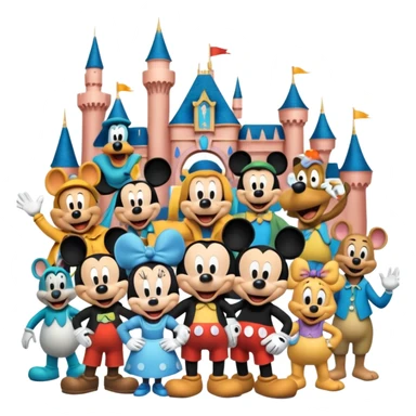 Colorful icon for Animated Movies: A vibrant collage featuring iconic characters like Goofy, Mickey Mouse, Franco, Masha and the Bear and Luntik. Each character should be large and bright, set against a cheerful and playful background of Disneyland. Transparent background. sticker