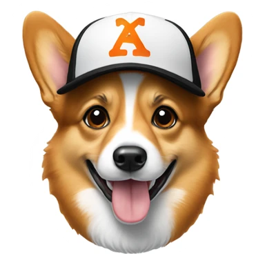 corgi wearing a black baseball hat with a small orange square with white letters "YC" logo sticker