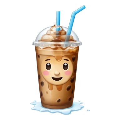 A 3D cartoon plastic cup of iced coffee with straw, clear lid, ice cubes floating, realistic condensation, bright sunlight, Memoji-style. sticker