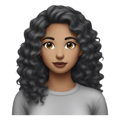 mixed girl with chest black long wavy curly hair and brown eyes and has long lashes on and noticeable blush and her lips are pink and shes wearing a tight grey long sleeve top sticker