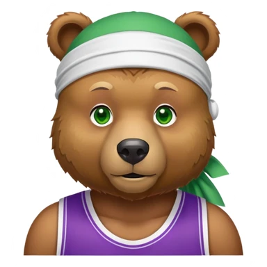 Stylish brown bear with green eyes wearing a white durag and purple and gold basketball jersey visible only to the shoulders, iOS emoji style sticker