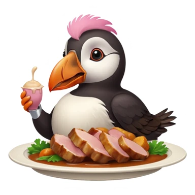 pink-colored puffin eating roast dinner sticker