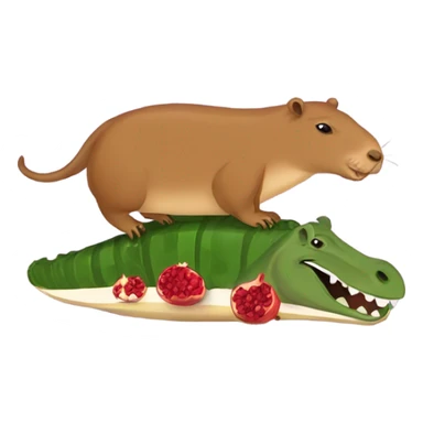 capybara riding an alligator eating a pomegranate  sticker