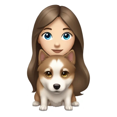 Brown haired straight long hair girl holding a brown and beige pomsky with blue eyes sticker