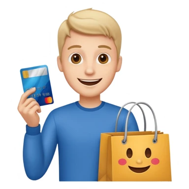 emoji of a cheerful guy with a credit card and a shopping bag sticker