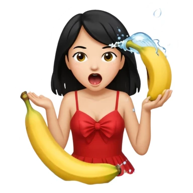 a banana splashing water in girl's mouth above her with black hair and red dress sticker