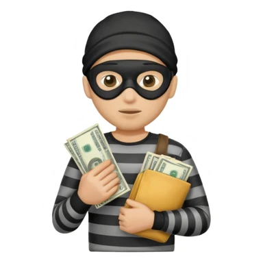 robber emoji holding a cash bag, Google style, cartoon burglar with mask and striped shirt sticker