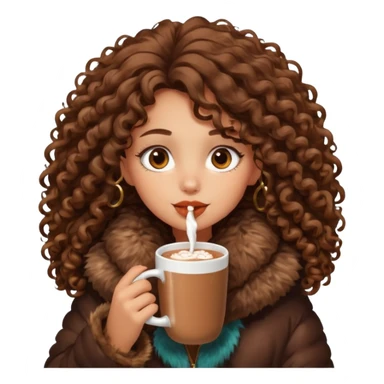 tanned girl with long brown curly hair, drinking hot chocolate , wearing oversized fur jacket sticker
