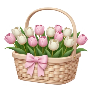 A white Picnic basket with light pink bow, white peonie, tulips sticker