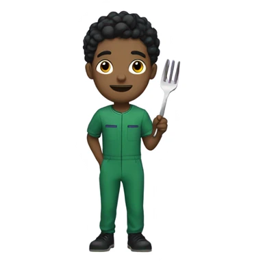 A young man with no facial hair, and hair that is part black part purple. The man has a green jumpsuit that says 230 on it and he is holding up a metal fork sticker