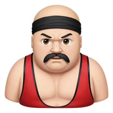 Close-up of morbidly obese white skin guy with young face, prominent BLACK DURAG tied clearly on head, distinct black beard and mustache, no muscle, black eyes in a red and black wrestling singlet with angry face sticker
