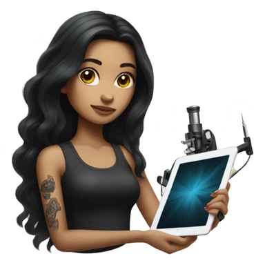 a girl with long dark hair holds a tattoo machine and an iPad sticker