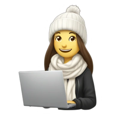 eyes closed laughing female with pale skin and dark brown straight long hair wearing white scarf and white woolly hat and black hoodie and holding a laptop and coffee mug not full body shot sticker