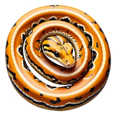 A photo-realistic top-down view of a Ball Python gently coiled into a tight spiral, with its head resting peacefully at the center. Its scales are warm brown with bold, irregular black markings, including the distinctive “alien-head” pattern, flowing smoothly along its body.  sticker
