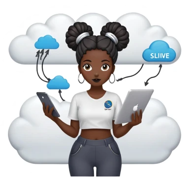 Gender: Female Hair: Space buns with SQL query hairpins Face: Dark circles from 72hr data validation Clothes: Stretchy pants with "Go-Live Survivor" slogan Action: Dragging legacy data into cloud migration funnel sticker