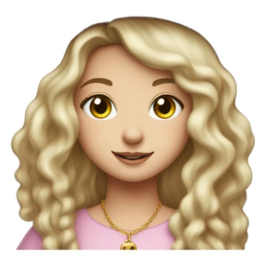 Witchy darkblonde haired darkgreen eyed light freckles white girl with a witty smile a gold necklace and a pink witch hat sticker