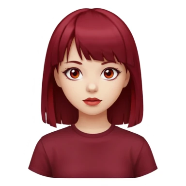 beautiful girl with dark maroon and red medium hair, straight bangs and red bando, red eyes, brown long tshirt, white skin sticker