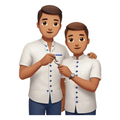 Inside a cozy barbershop with soft lighting, an experienced barber gently teaches his apprentice, guiding his hands as they cut hair together. The room is filled with warmth, plants hanging from the ceiling, and the hum of clippers sticker