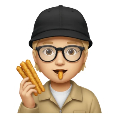num num eatting hashbrown sticks with a plain black cap and glasses no hair sticker