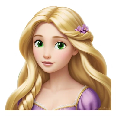 Cinematic Realistic Rapunzel Portrait, with porcelain-like skin featuring a subtle, natural glow, illuminated by soft lighting that brings out the gentle contours of her face. Her long, golden blonde hair cascades in detailed waves, each strand highlighted with a radiant shimmer as it catches the light. Her bright, expressive green eyes exude curiosity and warmth, framed by delicate lashes and soft, arched brows. Her expression is playful and vibrant, with a gentle smile. She is dressed in her classic lavender and pink gown, the fabric textured with delicate folds that flow naturally, catching the light with a soft, radiant glow. The portrait captures a luminous, enchanting aura, seamlessly blending realism with a whimsical, fairytale charm, evoking a timeless sense of beauty and magic. sticker