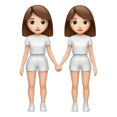 👯‍♀️ generate this emoji, as two white girls, bffs, the same pose but maybe the outfit cuter. we are models. both with brown hair. one girl in white outfit, the other in black sticker