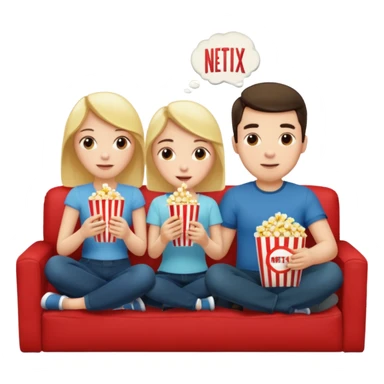 Crea un emoji dove un uomo e una donna mangiano i pop corn su un divano e guardano la tv, nella tv ci deve essere scritto netflix sticker