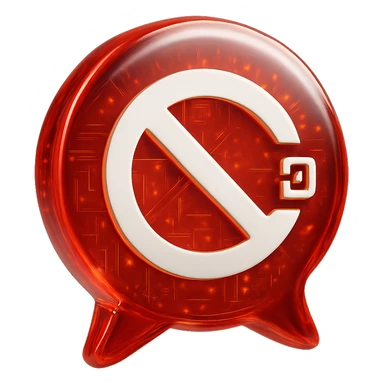 Create a Slack emoji icon in the glossy circuit style as the reference image. Show a bold and high contrast red chat bubble with a diagonal 'no entry' symbol and a tiny external link icon, representing a conversation blocked on external party. The design should be simple, clear, and easily recognizable at small size. sticker