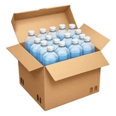 white transparent plastic bottles popping out of a delivery cardboard box sticker
