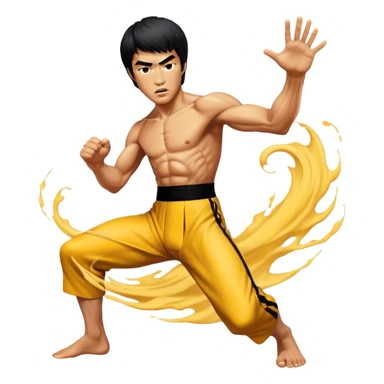 Cinematic Realistic Bruce Lee Portrait Emoji, depicted as a dynamic martial arts icon with an intense gaze and athletic physique caught in a fluid motion, rendered with vivid textures and energetic lighting that embodies his legendary prowess. sticker