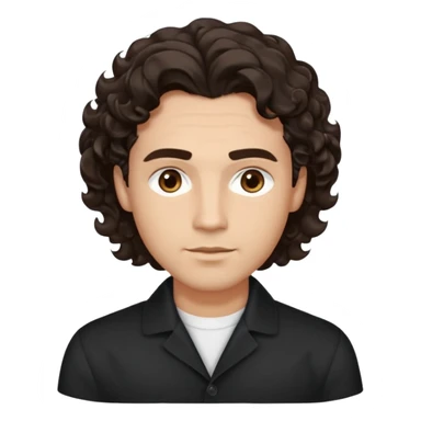He’s a man with light to medium skin, a defined oval face, full brows, deep-set eyes, and voluminous wavy to curly dark brown hair styled with height. expression calm and focused relaxed black open-collar shirt.polished, articulate, and professional vibe. sticker