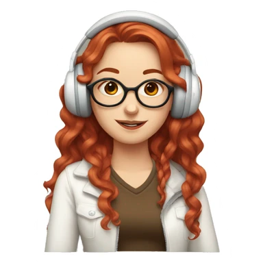 White girl with Peace Sign Hand, long red red wavy hair, square glasses, wearing headset and winking one eye sticker